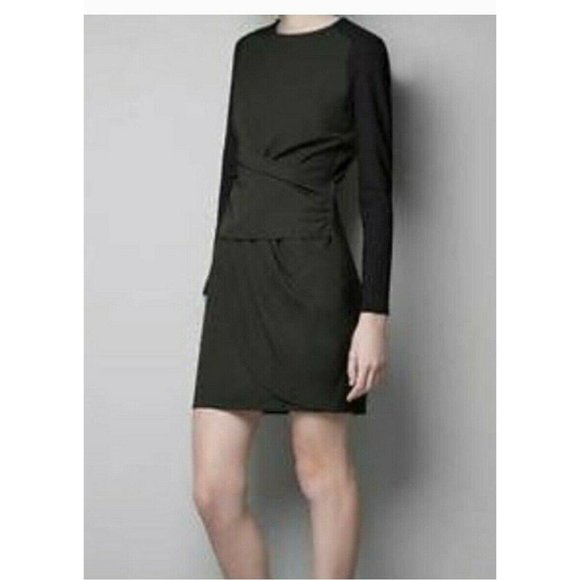 Zara Dresses & Skirts - ZARA Olive Green Black Faux Wrap Sheath Long Sleeve Color Block Dress sz Med